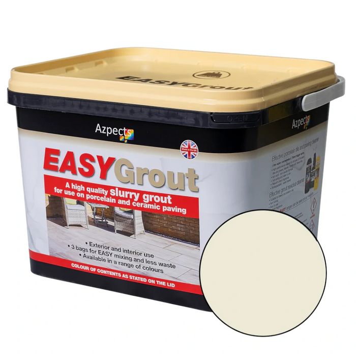 An image of Azpects easy grout porcelain paving slurry in the colour Crema in a 15kg tub.