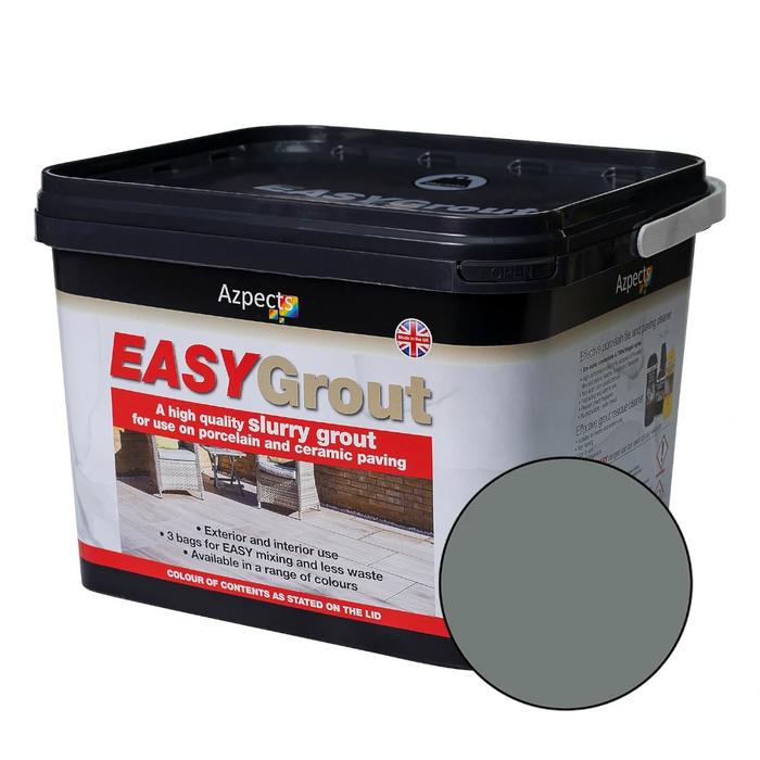 An image of Azpects easy grout porcelain paving slurry in the colour Grafito in a 15kg tub.