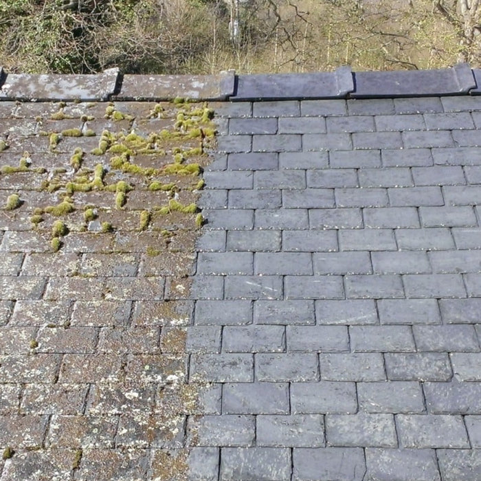 An image of Everbuild Patio Wizard used to remove Algae and moss from a slate roof.