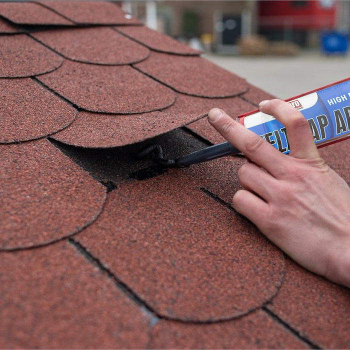 An image of IKOpro felt lap adhesive to seal and sick a shingle lap.