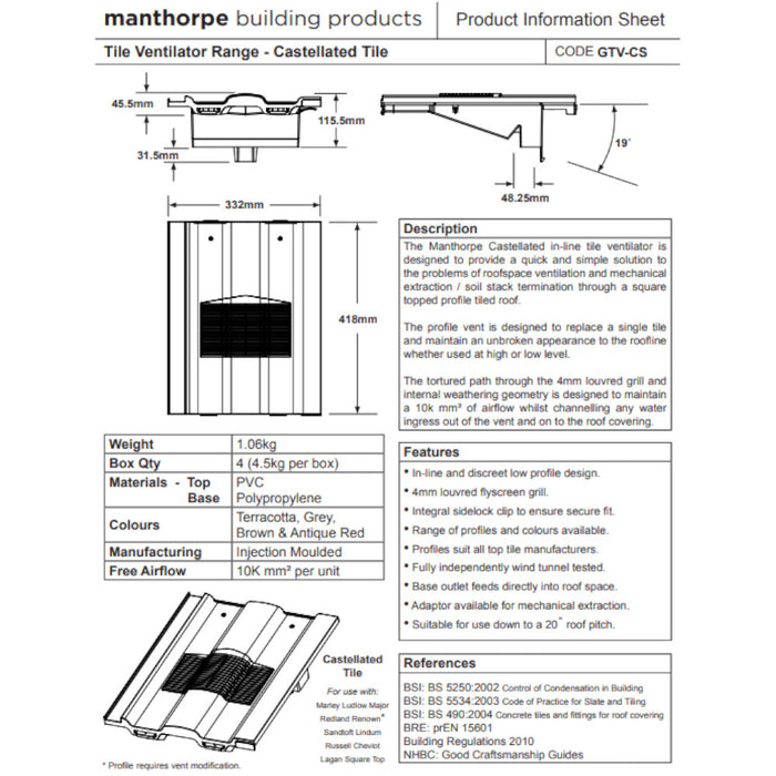 An image of the dimensions of a Manthorpe Castellated Tile Vent.