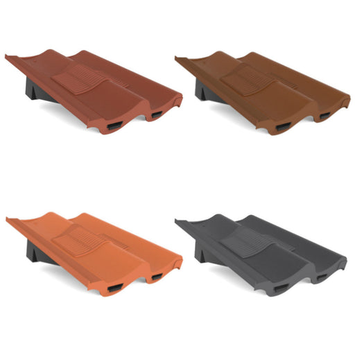 An image of Manthorpe Double Pantile Tile Vents in four colours. Terracotta, Brown, Antique Red and Slate Grey.