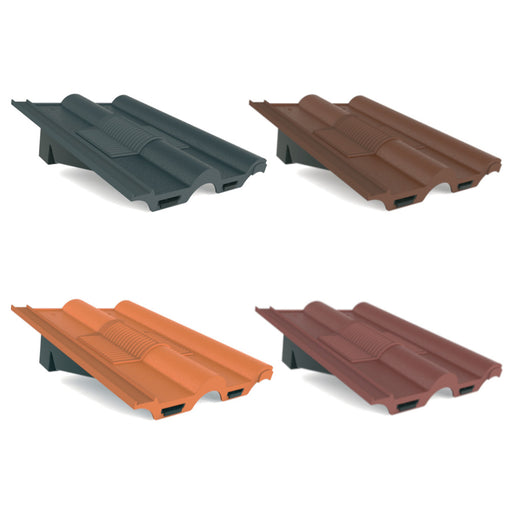 An image of Manthorpe double roman Tile Vents in four colours. Terracotta, Brown, Antique Red and Slate Grey.