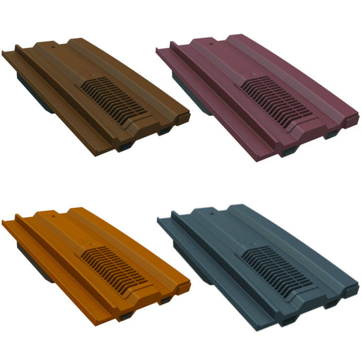 An image of Manthorpe Mini Castellated Tile Vents in four colours. Terracotta, Brown, Antique Red and Slate Grey.