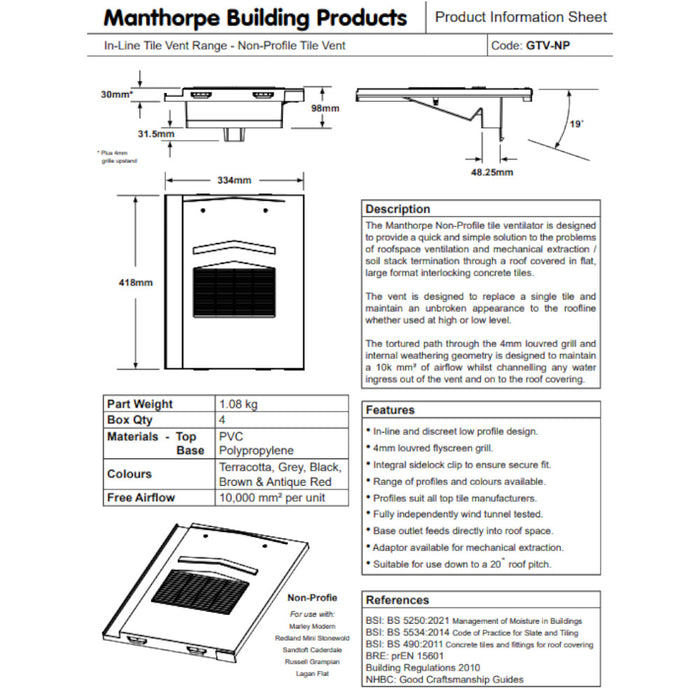 An image of the dimensions of a Manthorpe Non-Profile Tile Vent.