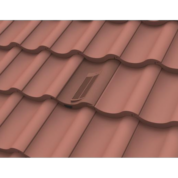 An image of Manthorpe Single Pantile Tile Vent in Antique Red on a roof to show the finish.