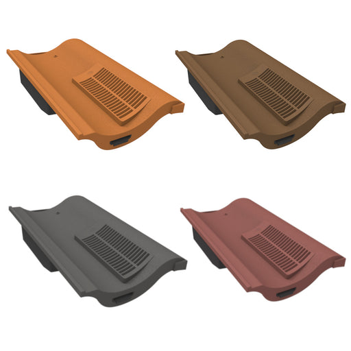 An image of Manthorpe Single Pantile Tile Vents in four colours. Terracotta, Brown, Antique Red and Slate Grey.