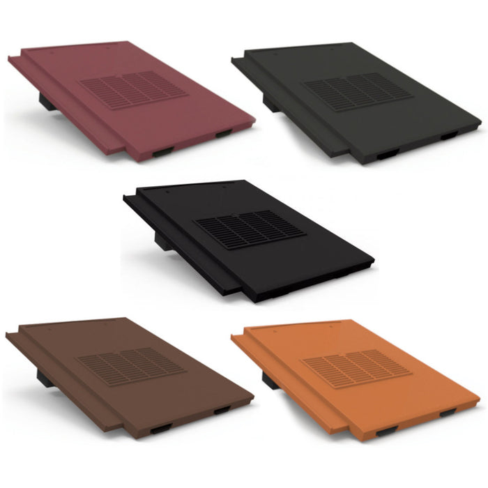 An image of Manthorpe Thin Leading Edge Vents in five colours. Terracotta, Brown, Antique Red Black and Slate Grey.