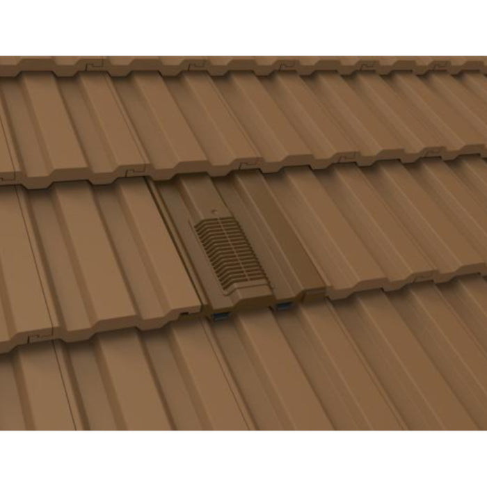 An image of Mini Castellated Tile Vent in Brown on a roof to show the finish.