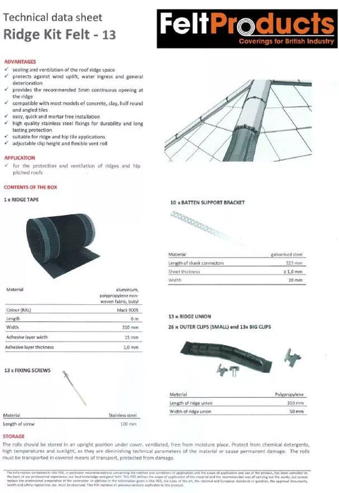 An image of an information sheet for Felt Products UDR Pro 6m Hip and Ridge Kit dry ridge.