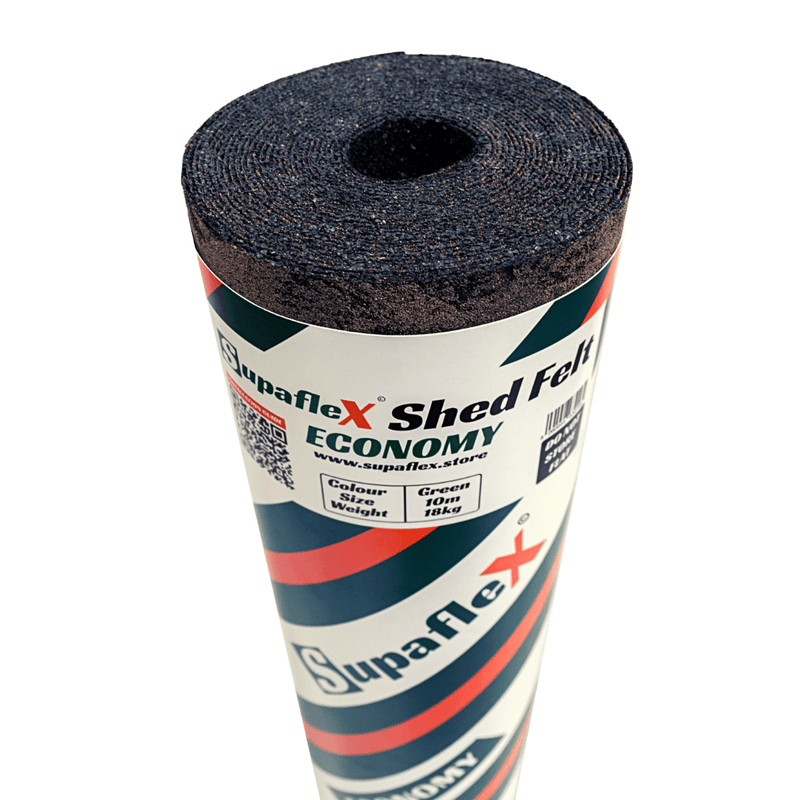 A close up image of a roll of Supaflex Economy Shed felt with a Green, Orange and white striped wrapper. 