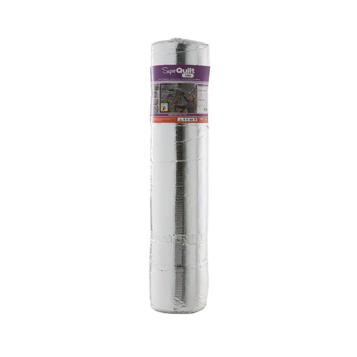 An image of a roll of YBS SuperQuilt Lite Multifoil Insulation . It is silver with a purple information wrap on it. It is against a white background