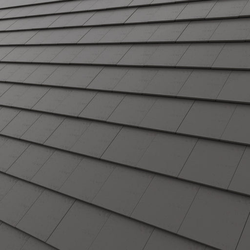 Dark gray Concrete roof tile arranged in overlapping horizontal rows, showing a textured surface 