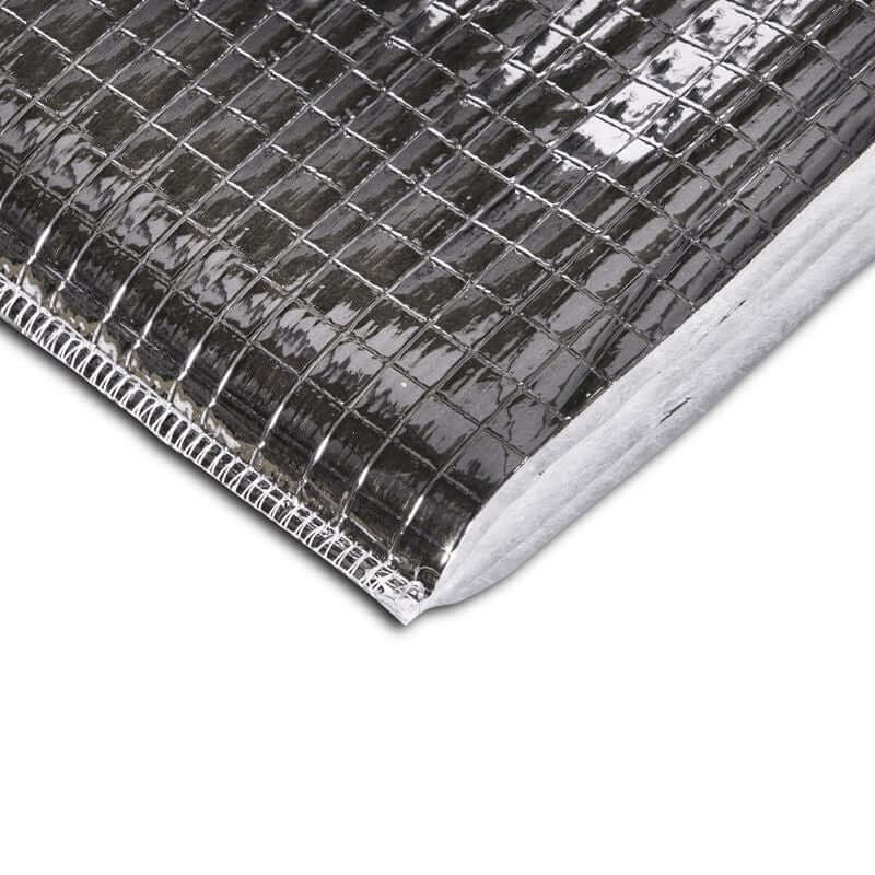 An image of a close up of YBS SuperQuilt Lite Multifoil Insulation . It is silver with a square mesh pattern. The side is cut open to show the white insulation interior.